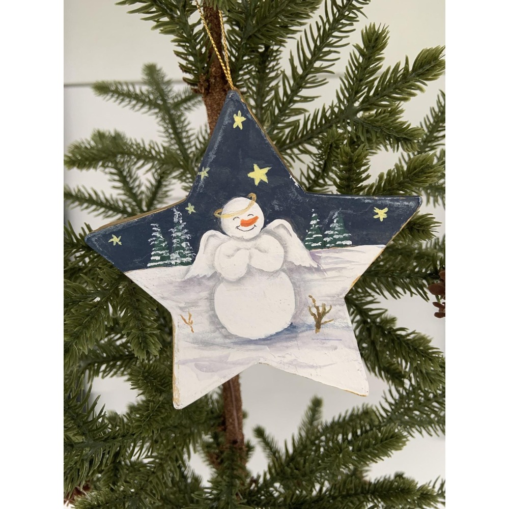 Vintage 1980s Hand Painted Snowman Star Ornaments Set of 3